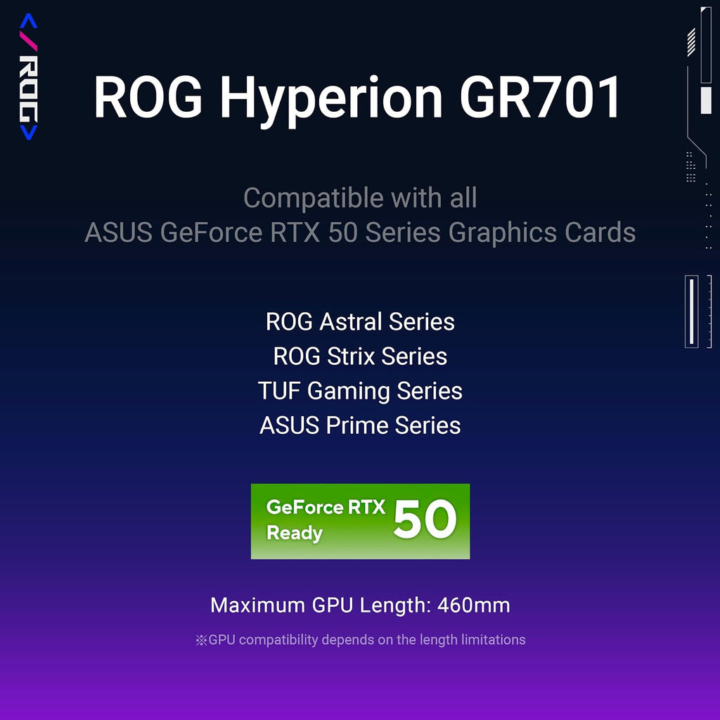 ASUS ROG Hyperion GR701 EATX Full-Tower Gaming Case, High Airflow Design, Tool-Free Side Panels, Pre-Installed 4x140mm Fans, Supports 420mm Radiators, Built-in Graphics Card Holder, Front USB Type-C