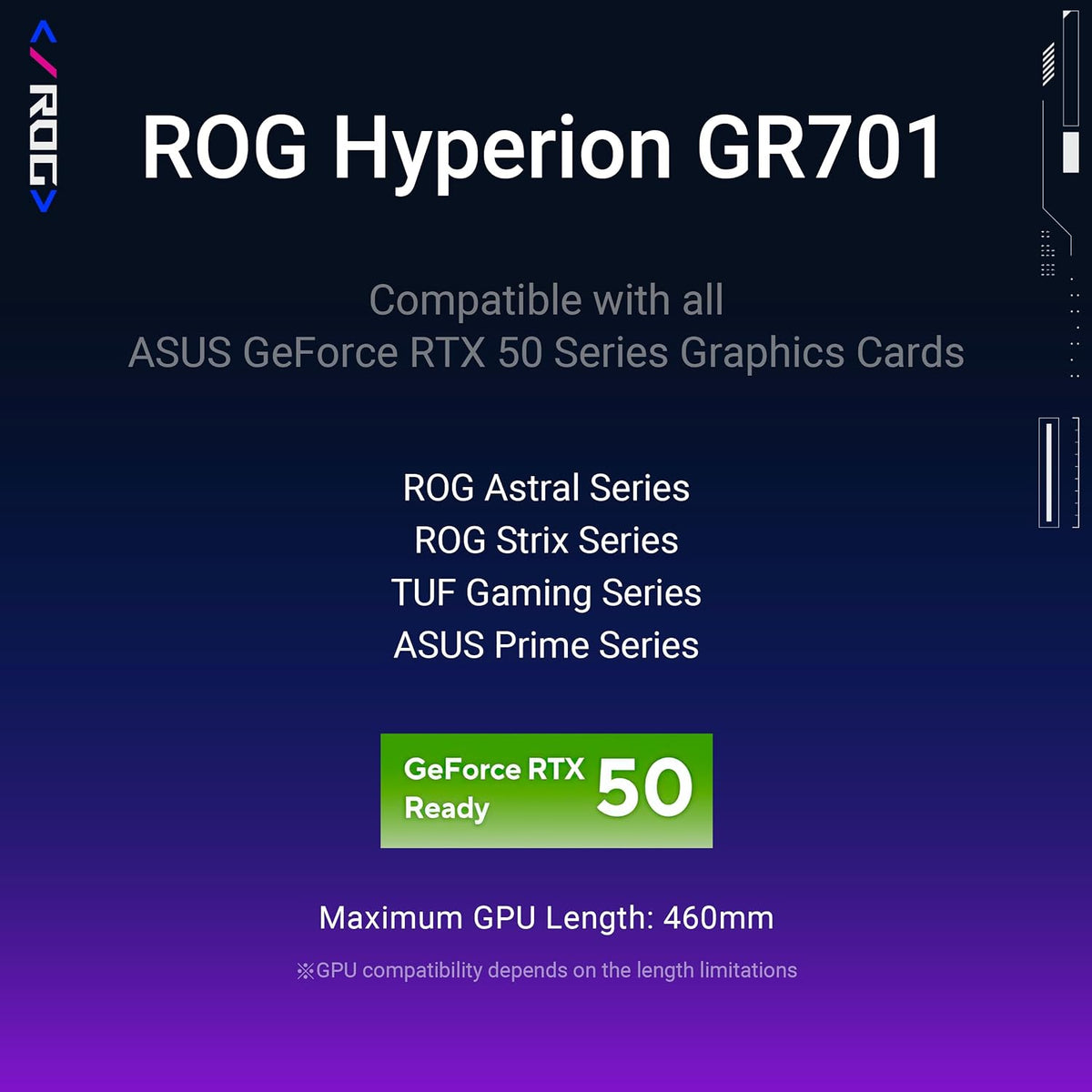 ASUS ROG Hyperion GR701 EATX Full-Tower Gaming Case, High Airflow Design, Tool-Free Side Panels, Pre-Installed 4x140mm Fans, Supports 420mm Radiators, Built-in Graphics Card Holder, Front USB Type-C