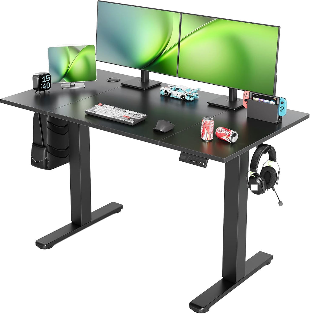 Seang Electric Standing Desk Adjustable Height, 48 x 24 Inch Sit Stand Desk with T-Shaped Frame, 3 Memory Presets & Cable Management for Home Office Computer Workstation, Black Frame/Black Top