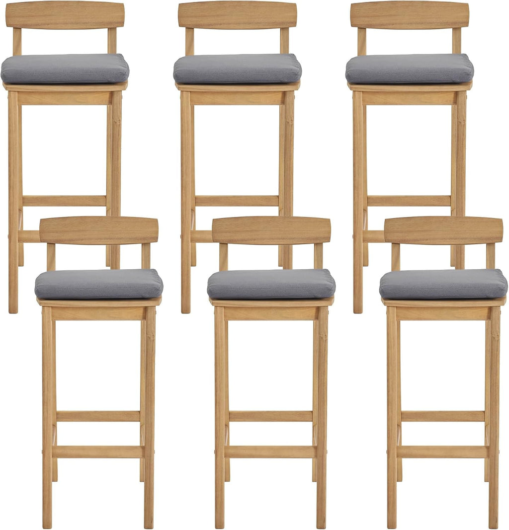 Patio Bar Stools Set of 6, Solid Acacia Wood Patio Barstools with Footrest, 28.5' Counter Height Outdoor Bar Stools, High Top Patio Bar Chairs for Balcony/Deck/Kitchen Island/Bistro, Grey