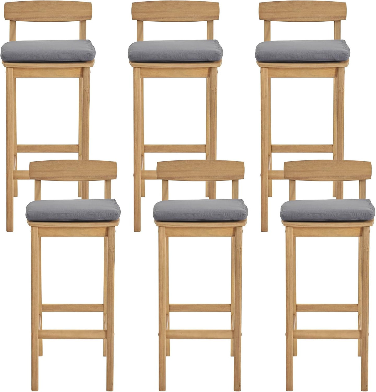 Patio Bar Stools Set of 6, Solid Acacia Wood Patio Barstools with Footrest, 28.5' Counter Height Outdoor Bar Stools, High Top Patio Bar Chairs for Balcony/Deck/Kitchen Island/Bistro, Grey