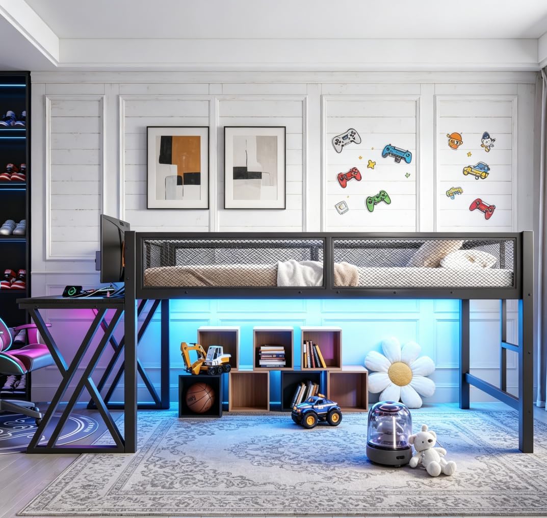 Bellemave Twin XL Loft Bed with Desk, Gaming mid loft Bed with Desk of X-Shaped Leg, LED for Adults, Teens, Kids, Black