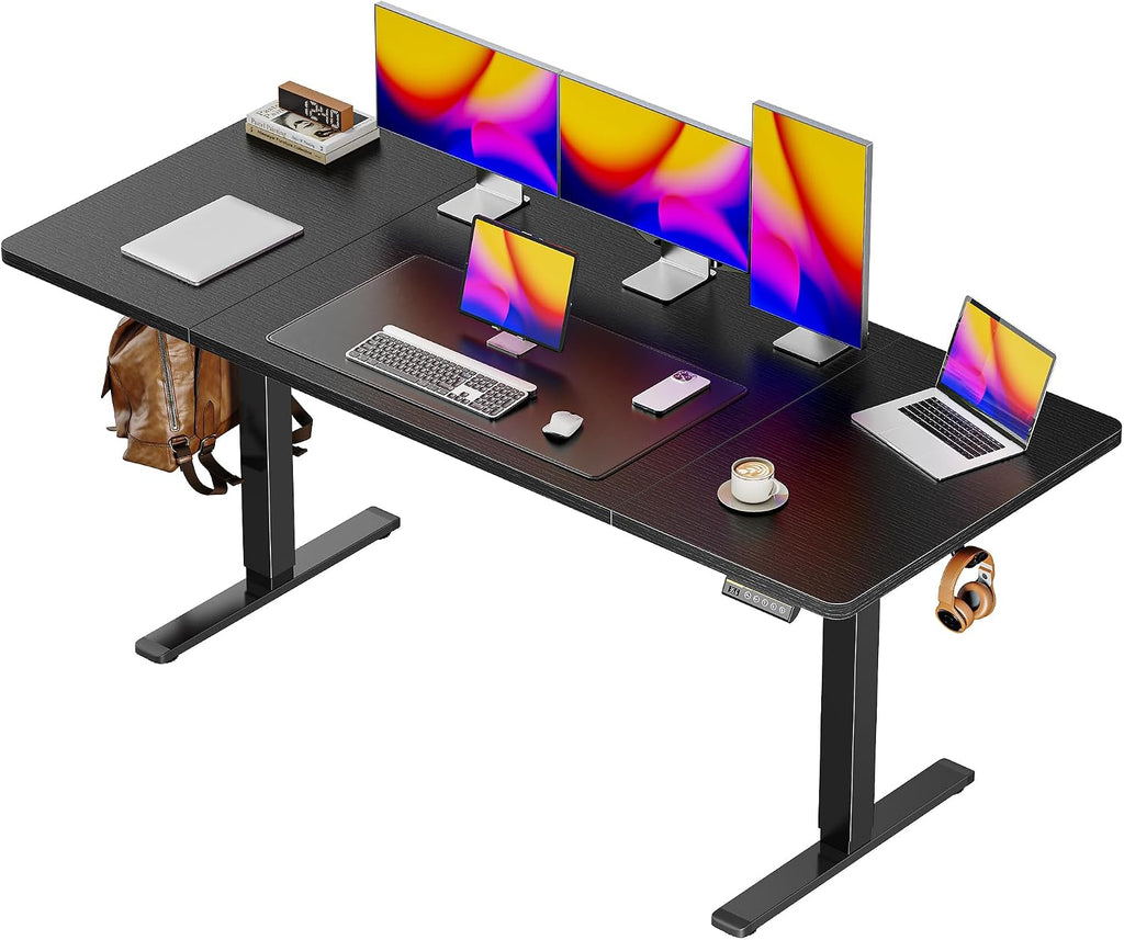 Huuger 63 x 28 Large Electric Standing Desk, Height Adjustable Computer Desk, 27.6' Deep Desktop, Stand up Gaming Office Table with 2 Hooks, 3 Preset Heights, for Home Office, Black