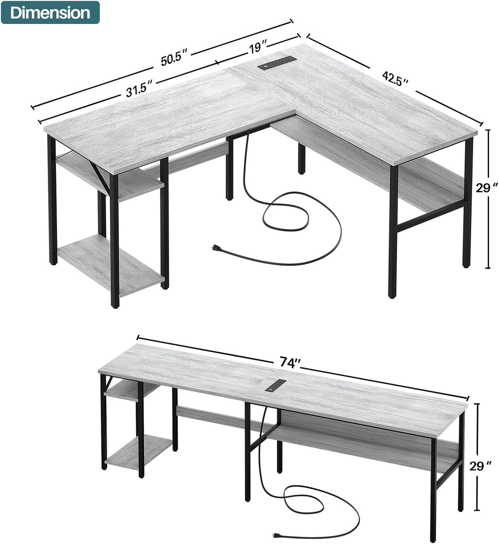 Unikito L Shaped Computer Desk with Magic Power Outlets and USB Charging Ports, Sturdy Reversible Corner Desk with Storage Shelves, Modern Work Desk for Home Office, Easy to Assemble, White Oak
