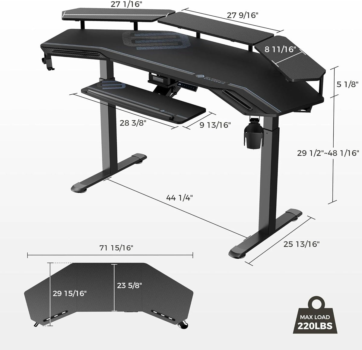 EUREKA ERGONOMIC Gaming Desk, Standing Desk w Keyboard Tray, 72' Wing Shaped Music Studio Table with LED Shelves, Gaming Recording Live Stream, Slot Design