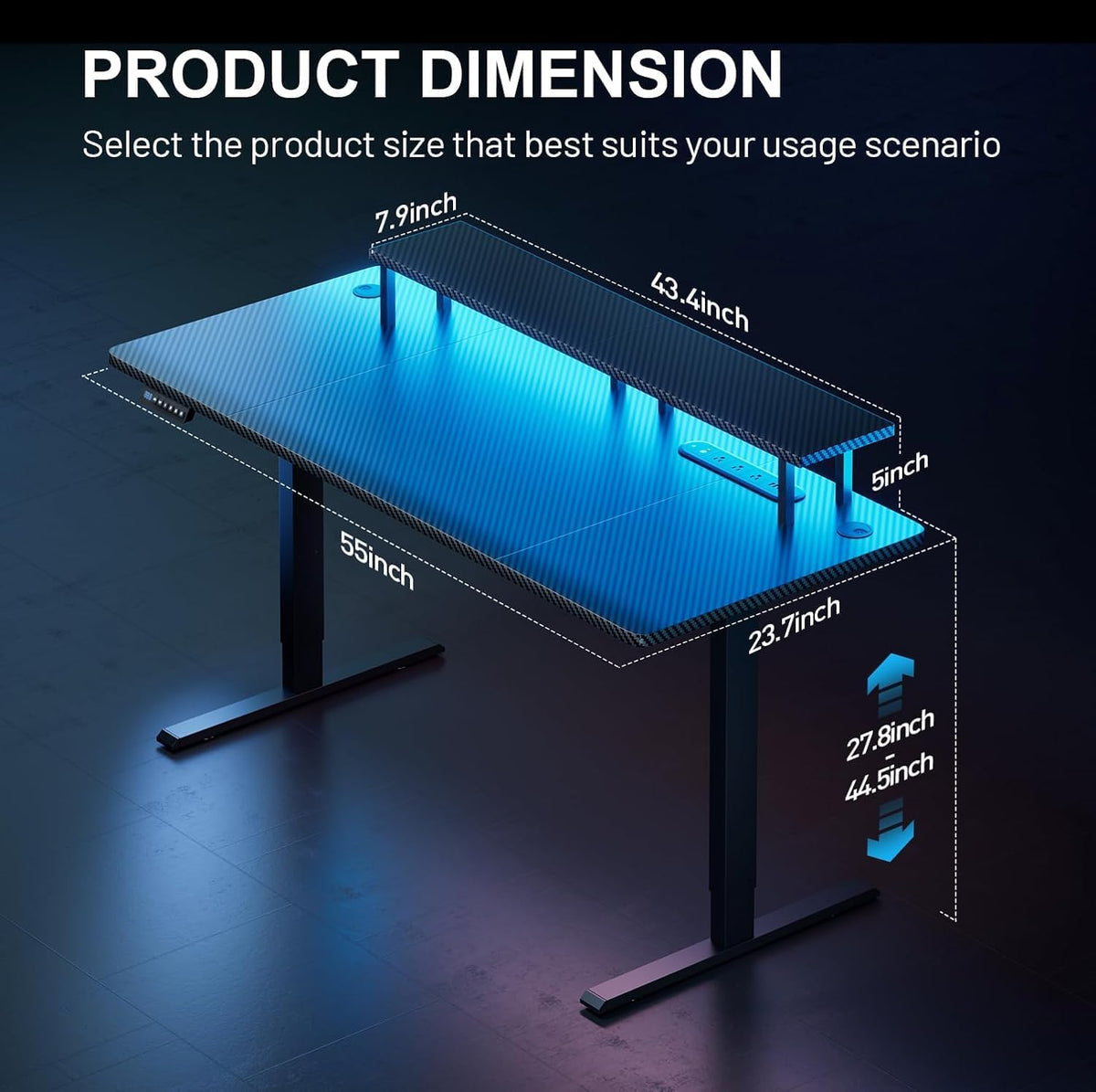 HLDIRECT Electric Standing Gaming Desk with LED Lights, 55 Inch Height Adjustable Gaming Table Sit Stand Computer Workstation with Power Outlet & Monitor Stand, Rising Desk for Office, Home, Black
