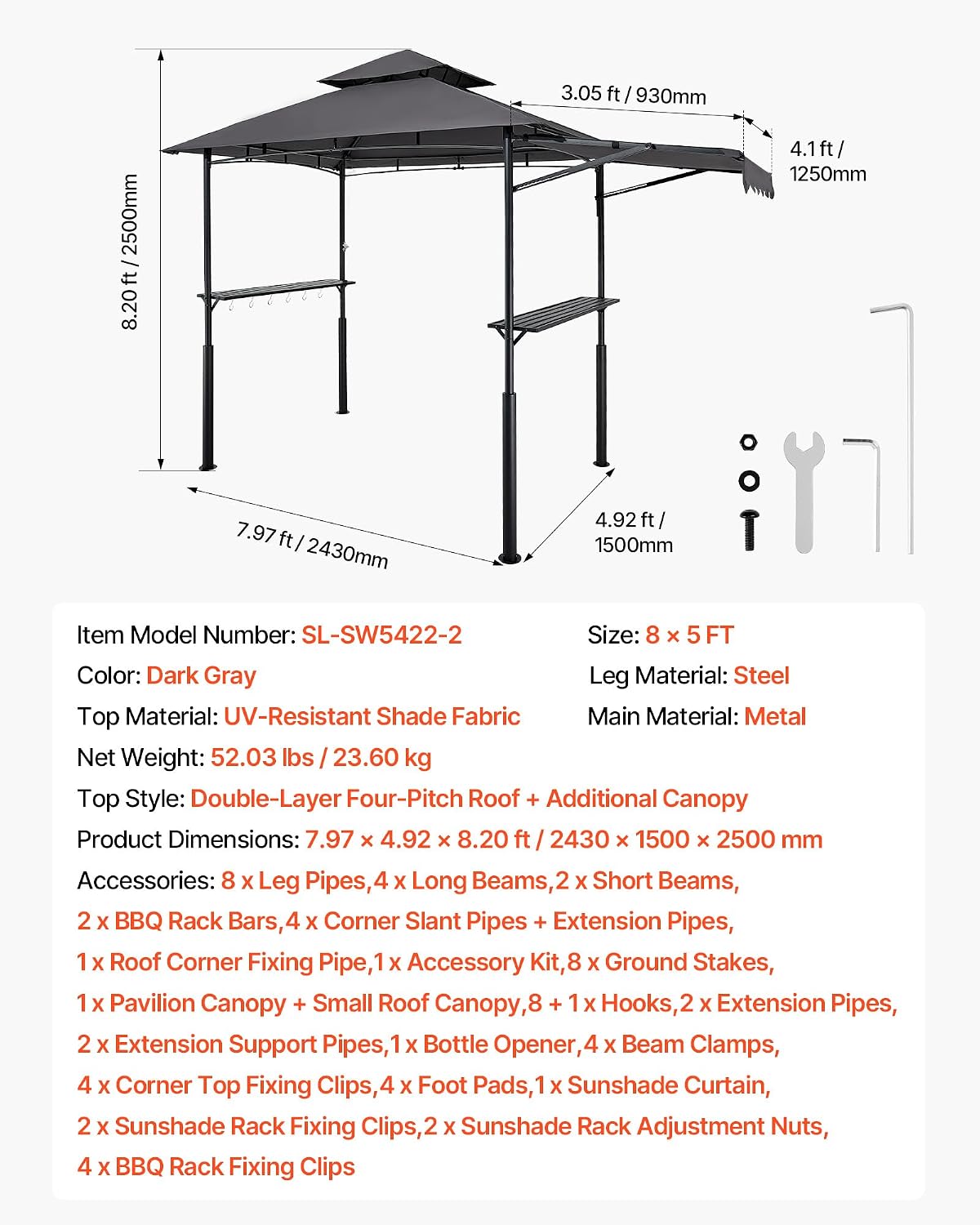 VEVOR Grill Gazebo, 8 x 5 ft Double-Tiered Top, Reinforced BBQ Gazebo with Extra Awning, Powder-Coated Steel Patio Grill Shelter with 2 Side Shelves & Hooks, Outdoor Grilling Canopy for Garden