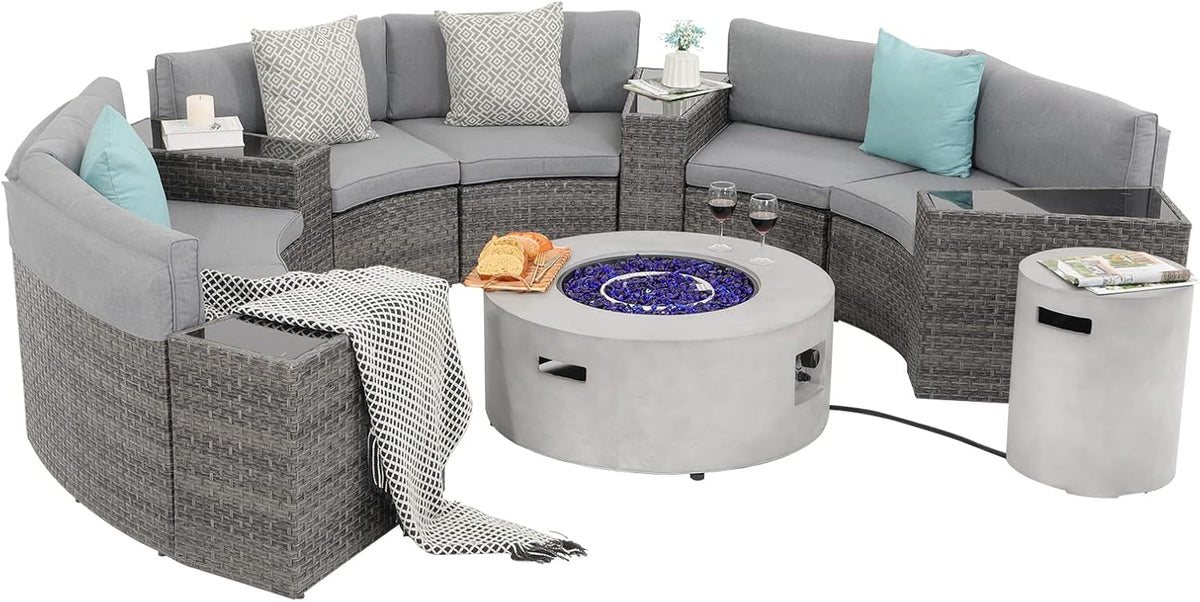 SUNSITT 12 Piece Patio Furniture Set with Propane Fire Pit Half-Moon Patio Set Outdoor Round Sectional Sofa with 36' Grey Gas Fire Table & Tank Holder, Grey Rattan