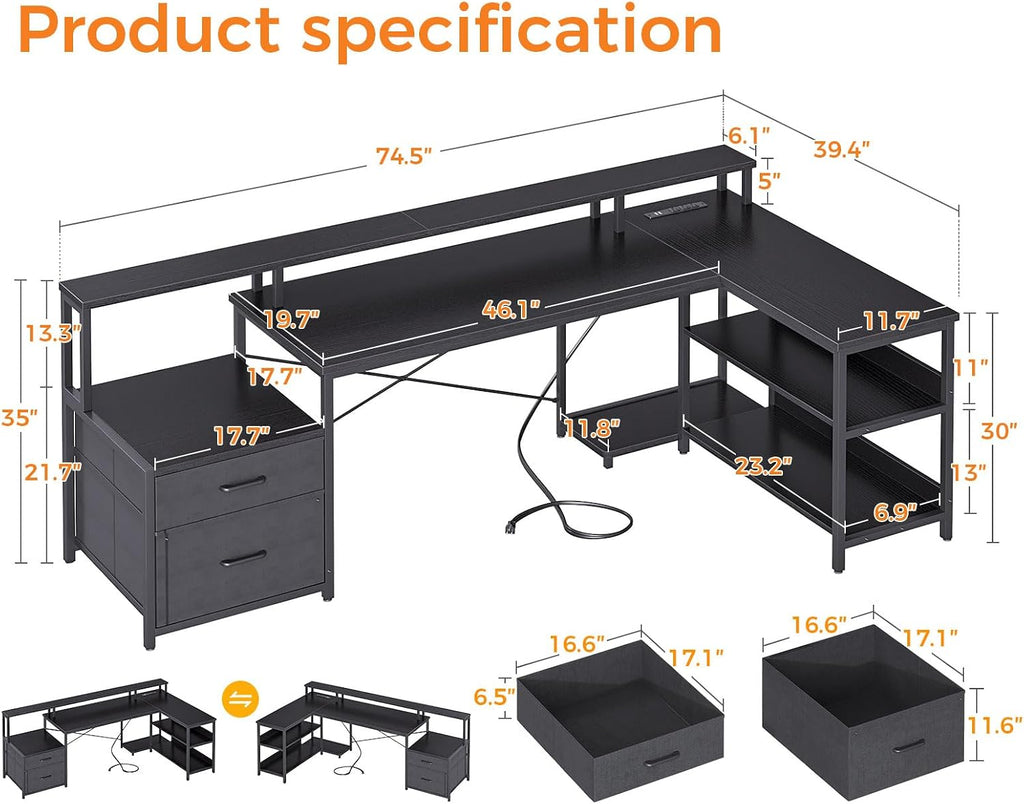 ODK 75' L Shaped Desk with File Drawers, Work from Home Office Desk with Power Outlet, Reversible Computer Desk with Storage Shelves, Gaming Desk with Monitor Shelf, Corner WFM Table, Black