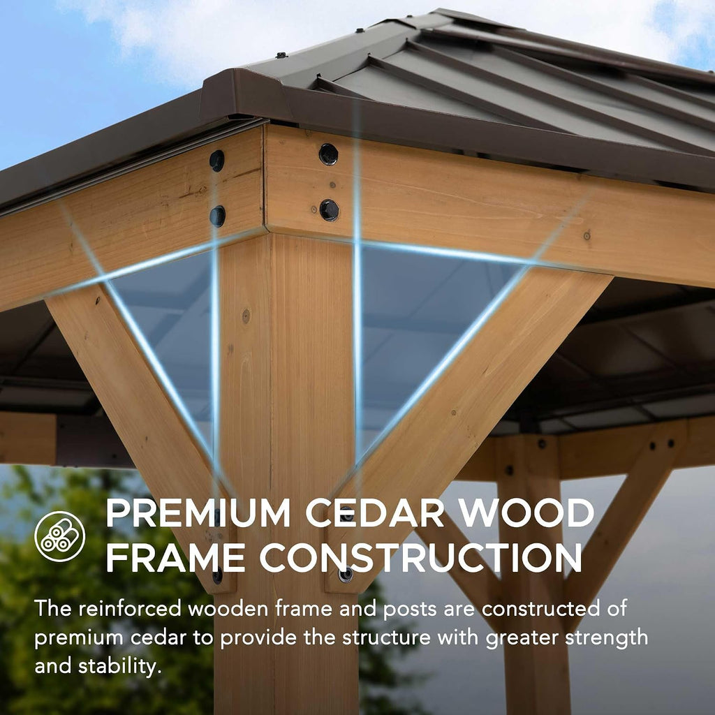 Sunjoy Hardtop Gazebo 9 x 9 ft. Cedar Framed Wood Gazebo with Brown Steel & Polycarbonate Pyramid Hip Roof and Ceiling Hook for Garden, Backyard Shade, Brown Roof + Natural Wood Frame