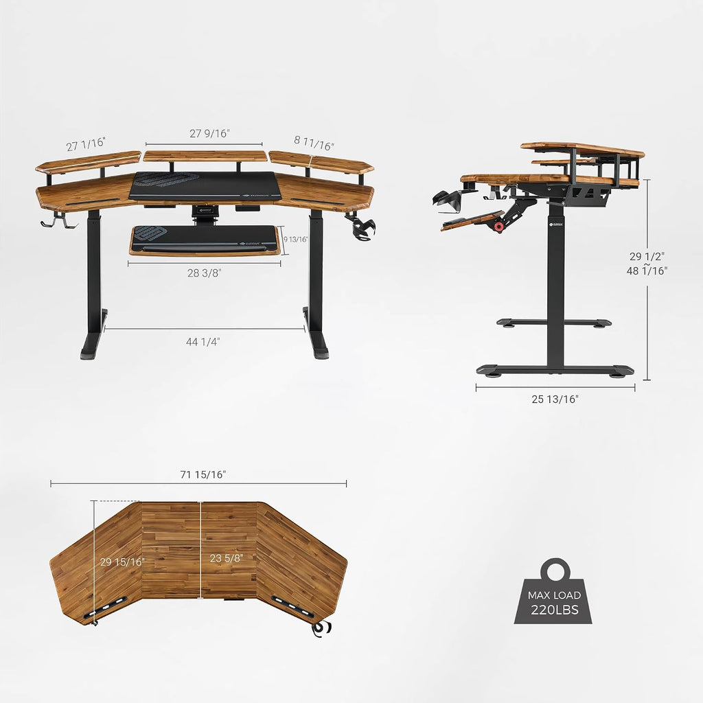 EUREKA ERGONOMIC Solid Wood Top Gaming Desk, 72' Dark Acacia Wood Wing-Shaped Studio Desk with Keyboard Tray, LED Shelves, Heavy-Duty Recording & Live Stream Desk
