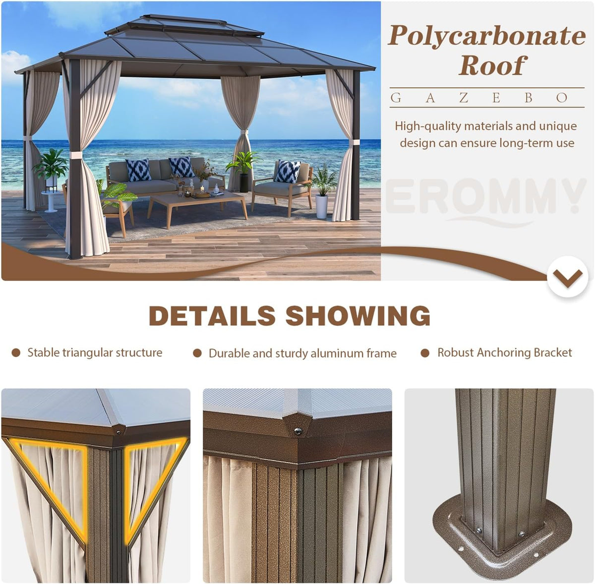 EROMMY 10' x 13' Gazebo Polycarbonate Double Roof Canopy Outdoor Aluminum Frame Pergola, Permanent Pavilion with Netting and Curtains for Garden Patio Lawns Parties