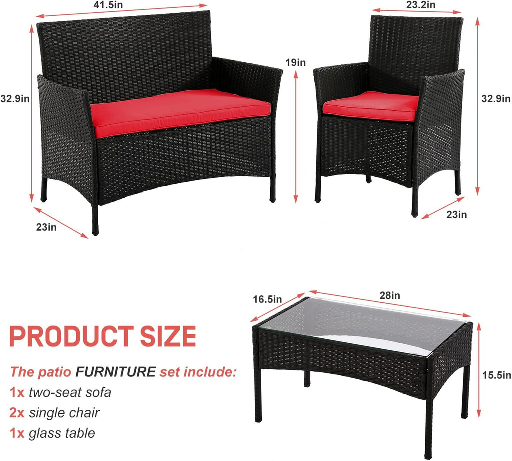 4 Pieces Patio Furniture Set Conversation Chairs, Outdoor Wicker Patio Set with Table Patio Seating Rattan Patio Sofa for Balcony Backyard Front Porch Decor Set with Cushion Seat, Blue