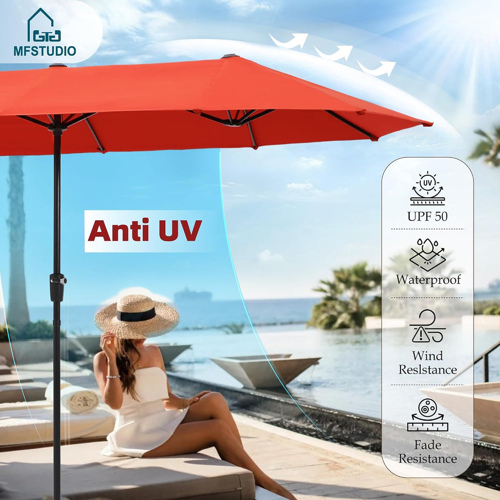 MFSTUDIO Outdoor Dining Set for 6, Patio Furniture Set with Orange Red Umbrella (Base not Included), Rectangle Metal Table and 6 Swivel Chairs for Patio, Deck, Backyard, Garden