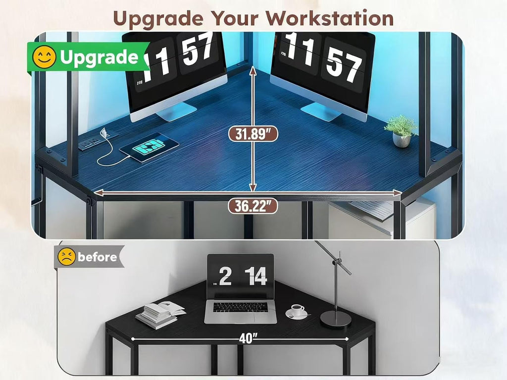 DurayLoly Corner Desk, 35.4' W x 63' H Small Gaming Desk and Black Office Desk with Hutch & LED Lights, Computer Desk with Drawers for Storage & Shelves and Hook for Small Space, Black