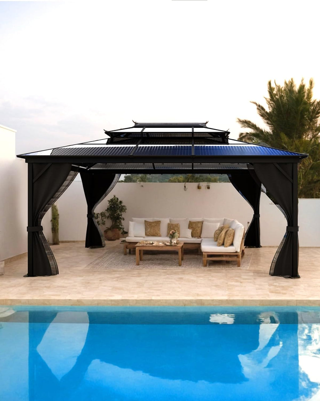 GarveeLife Hardtop Gazebo 12 ft x16 ft for All Weather, Double Polycarbonate Sheets Roof, Aluminum Alloy Frame, Net, and Curtain, Permanent Building for Patio, Deck, Backyard, Lawn, and Garden