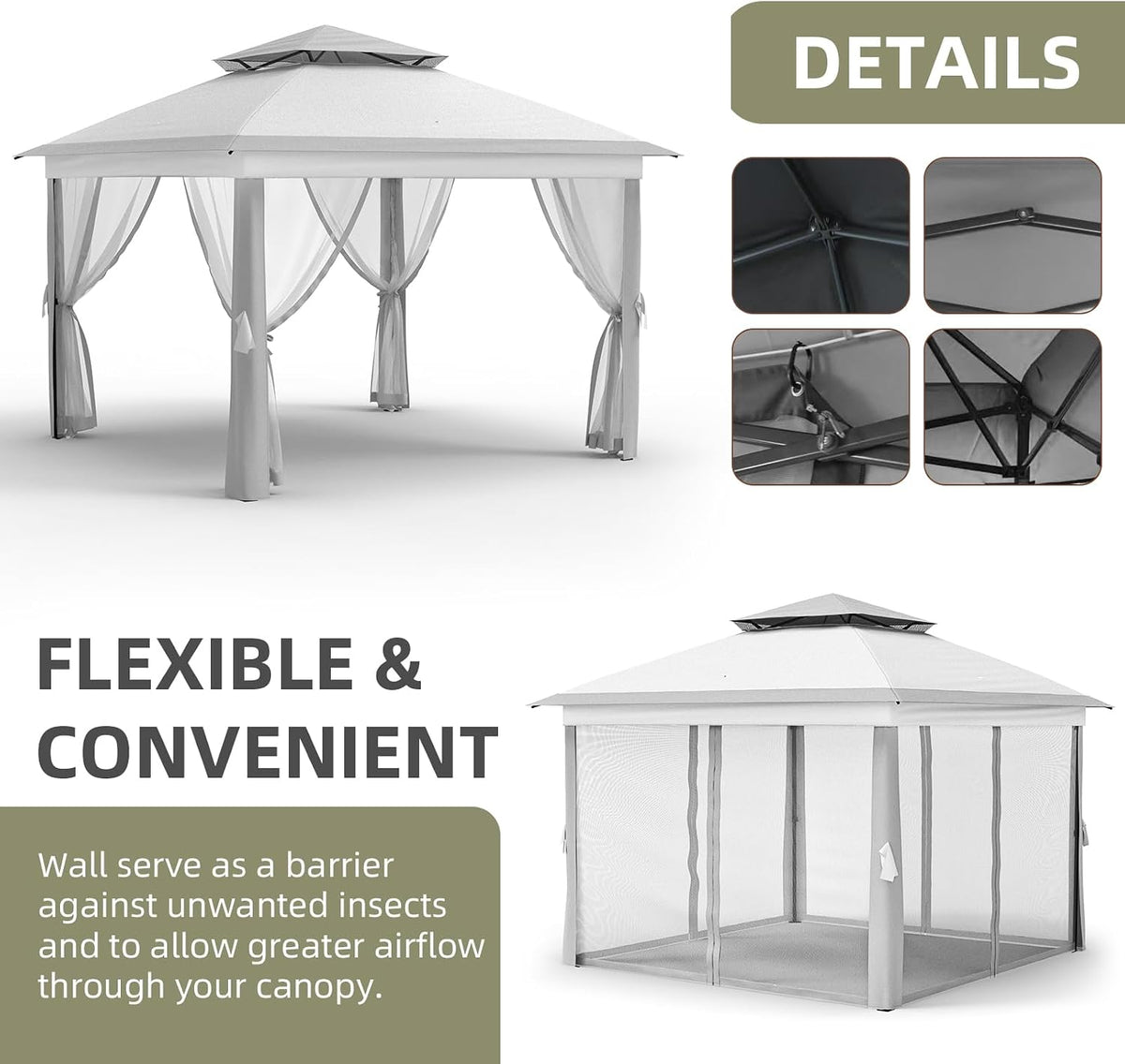 Garvee 11x11 ft Outdoor Gazebo, Heavy Duty Gazebo with Sturdy Metal Frame & Double Roofs, Patio Shelter with Mosquito Netting, Ideal for Backyard, Garden, Lawn, Deck, Light Grey