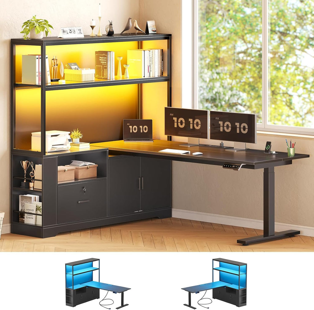 SEDETA 56.7' L Shaped Standing Desk, Reversible Computer Office Desk with Drawers & Hutch, Stand Up Corner Gaming Desks with LED Lights & Power Outlets for Home Office, Black