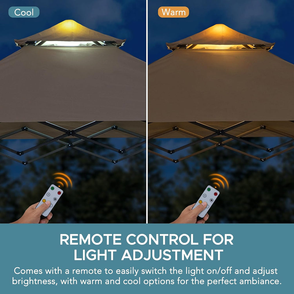 SUNJOY 8 x 5 ft. Grill Gazebo Pop Up Double Tiered Outdoor Gazebo Standing-Height Canopy with Magnetic LED Light, Adjustable Ceiling Height, for BBQ,Picnics, Outdoor Events, Brown
