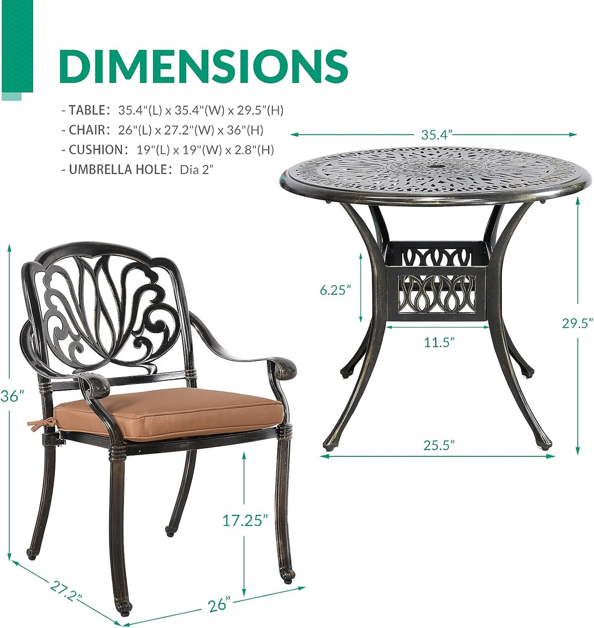 VIVIJASON 5-Piece Outdoor Patio Dining Set, All-Weather Cast Aluminum Conversation Set, Patio Furniture Set for Balcony Lawn Garden, Include 4 Cushioned Chairs, a 35.4 inch Round Table w/Umbrella Hole