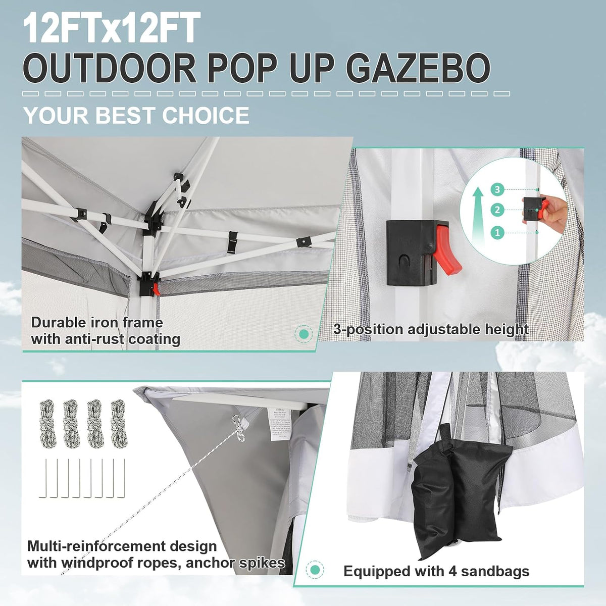 COBIZI 12x12 Pop up Gazebo On Clearance with Mosquito Netting,Waterproof Roof & Sandbags,Outdoor Canopy Tent with 4 Ropes,8 Stakes,Carrying Bag,Patio Portable Gazebo for Garden,Backyard,Lawn,Darkgrey