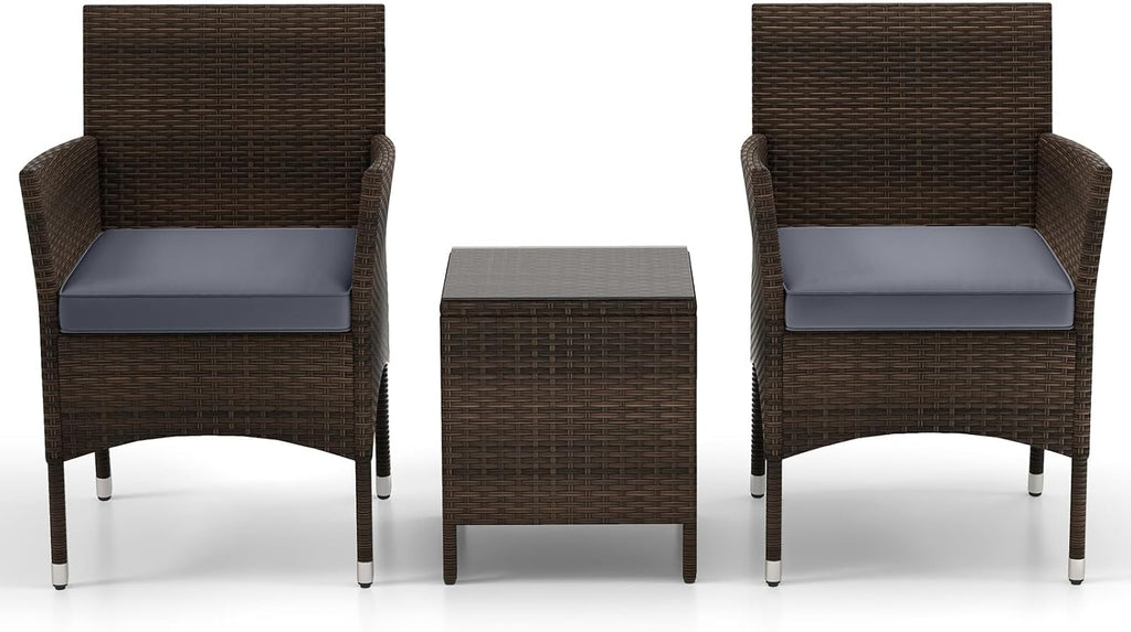 KOTEK 3 Piece Patio Furniture Set, Outdoor Wicker Patio Chairs with Soft Cushions & Tempered Glass Top Table, PE Rattan Bistro Set for Porch, Garden, Balcony (Grey)