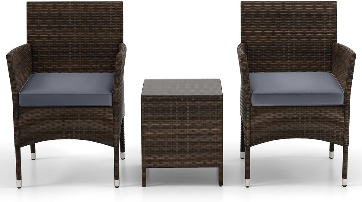 KOTEK 3 Piece Patio Furniture Set, Outdoor Wicker Patio Chairs with Soft Cushions & Tempered Glass Top Table, PE Rattan Bistro Set for Porch, Garden, Balcony (Grey)
