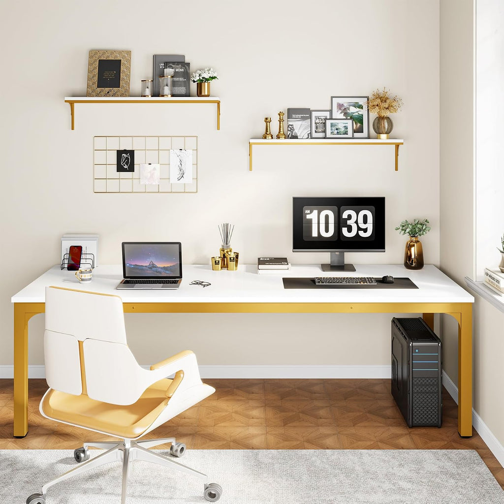Tribesigns Modern 78.7 Inches Extra Long Computer Desk 2 Person Desk, Double Long Desk, Workstaion for Home Office, White+Gold
