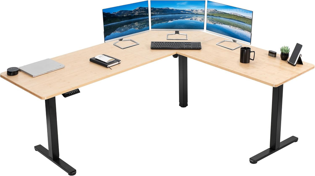 VIVO Corner Standing Desk, 75 x 63 inch Reversible L-Shaped Workstation, Electric Height Adjustment, Home, Office, and Reception Rooms, Real Bamboo Table Top Black Frame, DESK-E3CTBO-75