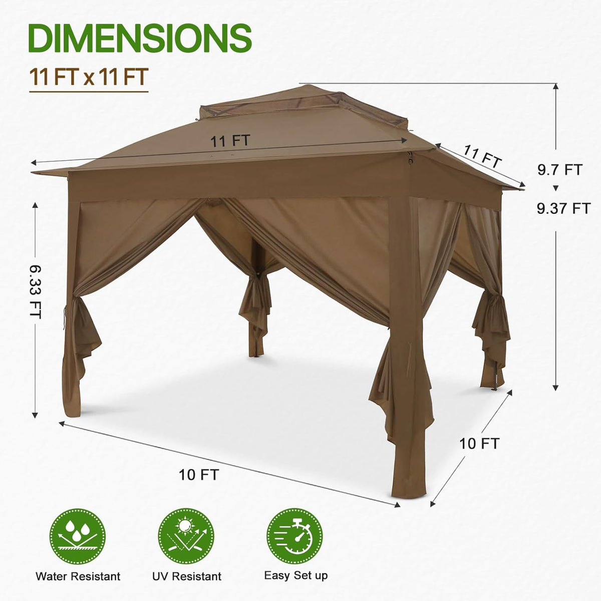 COOS BAY 11x11 Pop Up Gazebo with 4 Sidewalls, Instant Outdoor Canopy Tent with UPF 50+ UV Protection, Water Resistant Shelter with Carry Bag, Stakes & Ropes, Brown