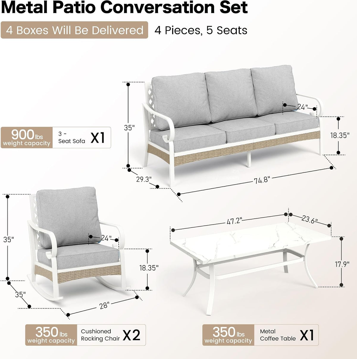 SUNSHINE VALLEY 4 PCS Metal Outdoor Patio Furniture Set, Patio Conversation Set 1 3-Seater Sofa, 2 Rocking Chairs with 5.75' Extra Thick Cushion and Coffee Table, White Frame Backyard Furniture, Gray