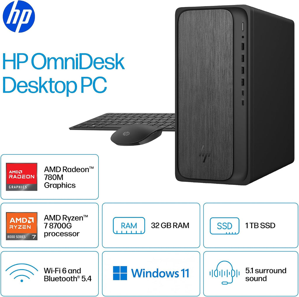HP OmniDesk (Next-gen Envy) Tower Desktop Computer, AMD 6-Core Ryzen 7 8700G, 32GB DDR5, 2TB SSD, WiFi 6, Bluetooth 5.4, Dual 4K Support, Radeon 740M Graphics