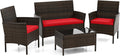 DORTALA Wicker Patio Furniture Set 4 Piece, Outdoor PE Rattan Table & Chairs Set with Tempered Glass Coffee Table, Loveseat, Cushions, Conversation Set for Balcony, Porch, Backyard, Deck, Red