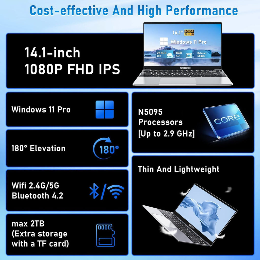 FUNYET Laptop Computer, Gaming Laptops 2026, 14 Inch Lap Top PC Windows 11 Pro, 8GB RAM 256GB SSD, Intel N5095 Processor(up to 2.9 GHz), Office 365, for Business and Students, 2-Year Warranty
