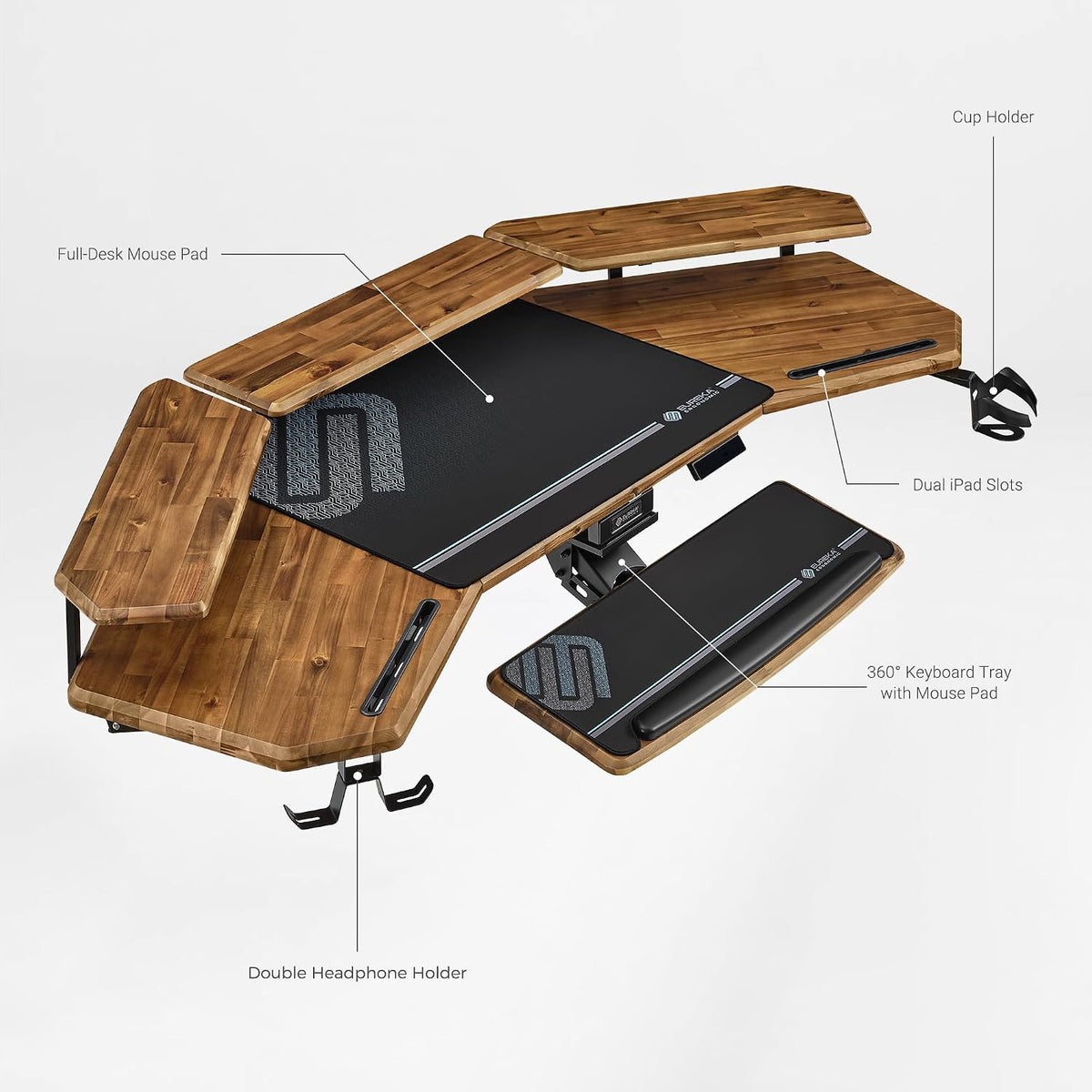 EUREKA ERGONOMIC Solid Wood Top Gaming Desk, 72' Dark Acacia Wood Wing-Shaped Studio Desk with Keyboard Tray, LED Shelves, Heavy-Duty Recording & Live Stream Desk