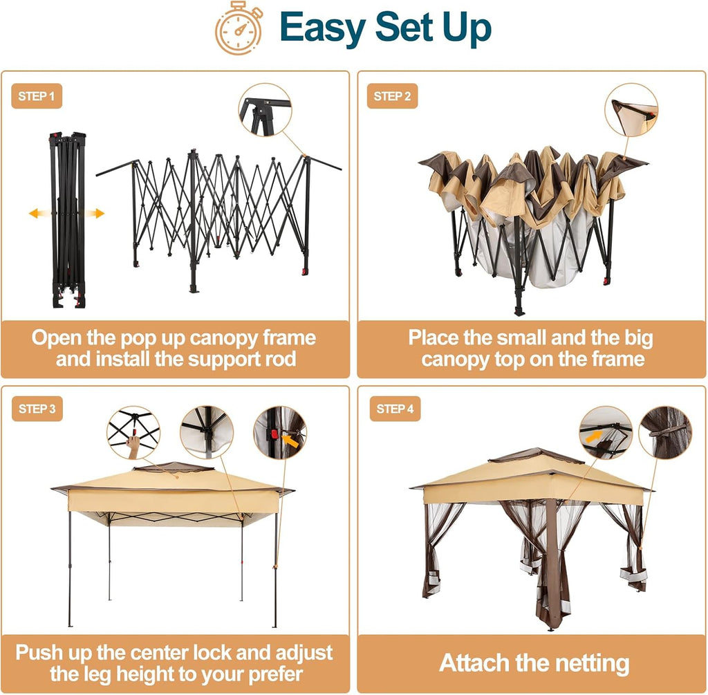 COBIZI 11x11 Pop Up Gazebo Canopy Tent Easy Up Outdoor Gazebo Waterproof Upgrade Portable Gazebo with Mosquito Nettings, Double Vented Roof and Carry Bag for Patio Garden(Brown)