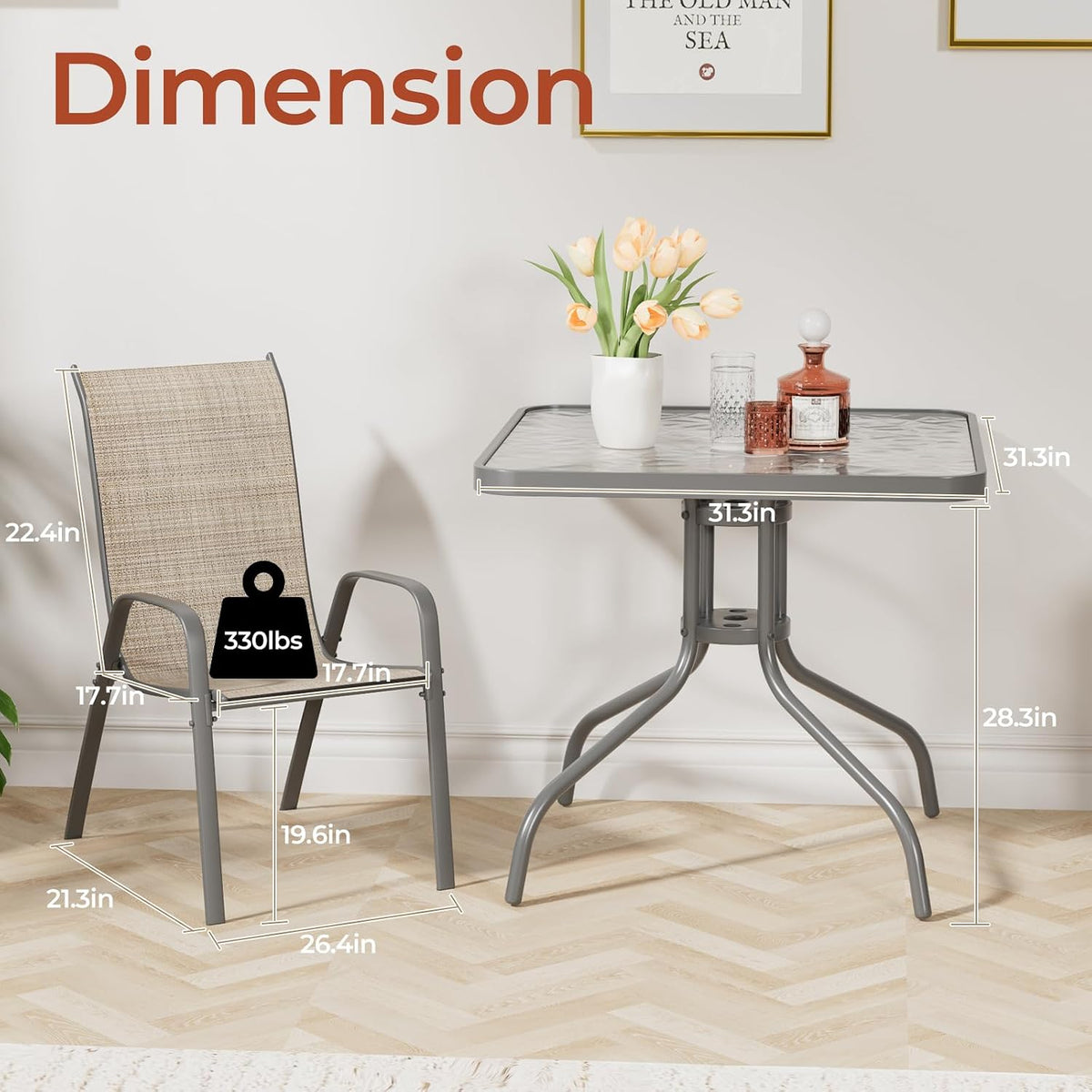 TLSUNNY Patio Dining Set 5 Pieces, All Weather Outdoor Furniture W/30'X 30' Table and 4 Stackable Textilene Chairs, Metal Table and Chairs for Lawn, Garden, Poolside, Backyard (Umbrella not Included)
