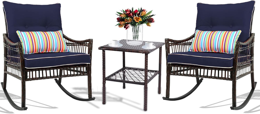 DECMICO Outdoor Rocking Chairs 3 Pieces Patio Conversation Front Porch Furniture, Wicker Bistro Set with Coffee Table for Garden and Balcony (Brown Rattan Royal Blue Cushion)