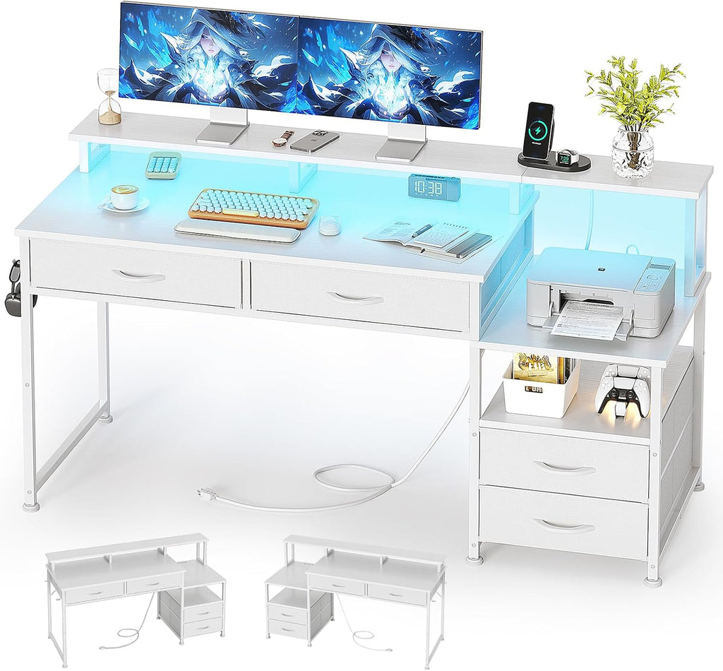MUTUN 53' Computer Desk with 4 Drawers & Power Outlets, Reversible Home Office Desk with Monitor Stand & Printer Stand, Gaming Desk with Led Lights, Study Writing Work Desk Table for Bedroom (White)