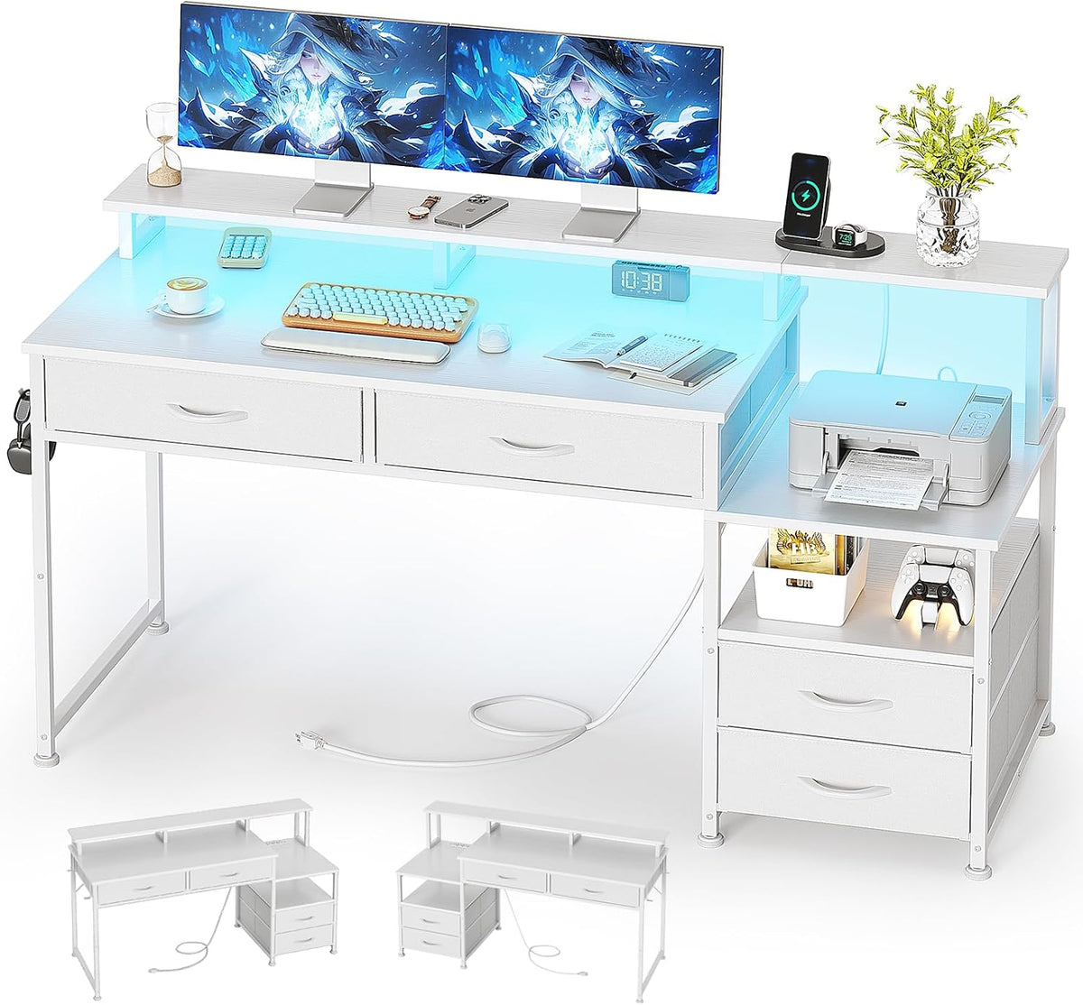 MUTUN 53' Computer Desk with 4 Drawers & Power Outlets, Reversible Home Office Desk with Monitor Stand & Printer Stand, Gaming Desk with Led Lights, Study Writing Work Desk Table for Bedroom (White)