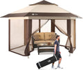 CROWN SHADES 12x12 Pop Up Gazebo with Mosquito Nettings, Patented Center Lock 6-Sided Portable Gazebo, 300D Silver-Coated Fabric UV Resistant, Pop Up Canopy Tent for Patio, Party, Beige&Coffee