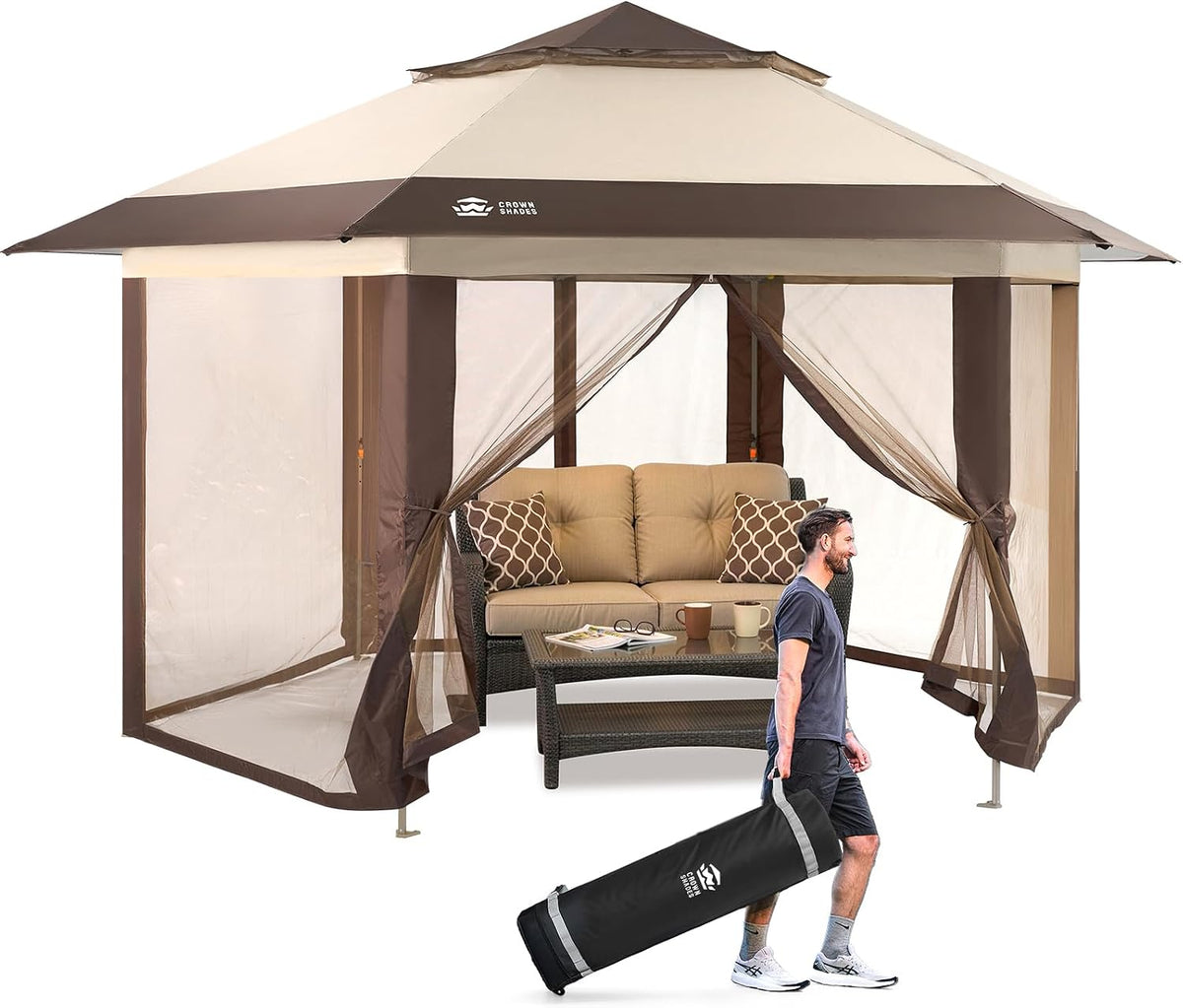 CROWN SHADES 12x12 Pop Up Gazebo with Mosquito Nettings, Patented Center Lock 6-Sided Portable Gazebo, 300D Silver-Coated Fabric UV Resistant, Pop Up Canopy Tent for Patio, Party, Beige&Coffee