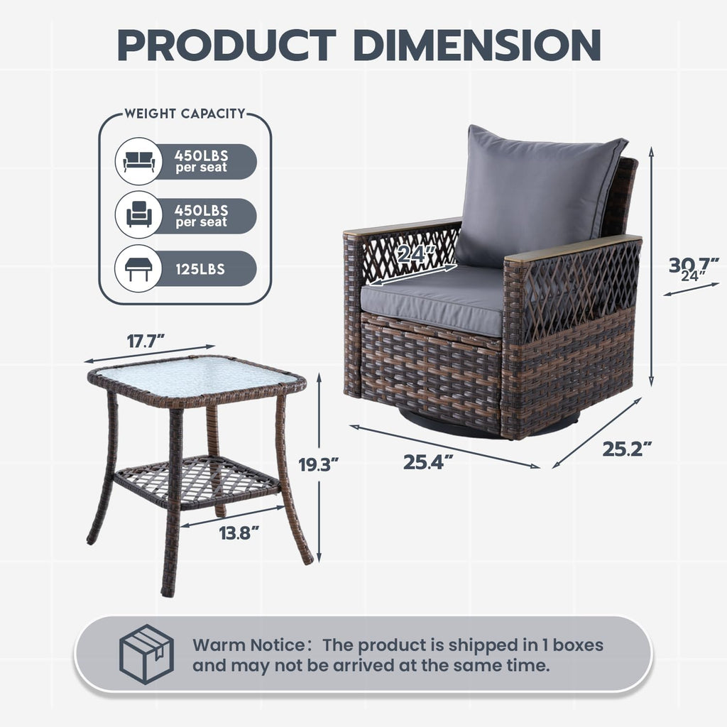 MELLCOM Outdoor Swivel Rocker Patio Chairs，3 Pieces Patio Bistro Set with Table Set, All-Weather Wicker Patio Furniture Set with Thickened Cushions and High Back for Garden, Backyard