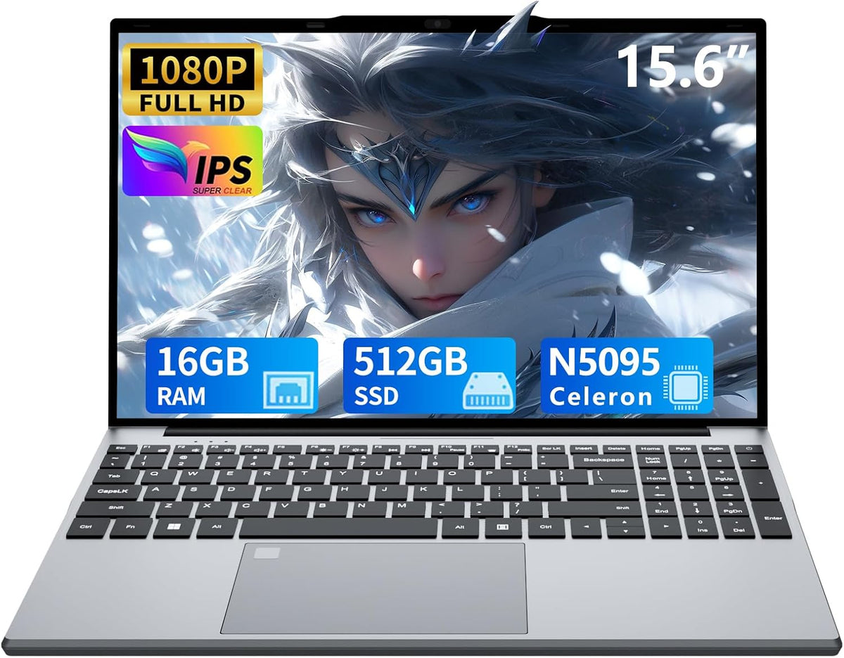 DUNHOO 15.6 Inch Laptop, Laptops 16GB RAM 512GB SSD, Lap Top Computer N5095, Portable Laptops 180 Angle Opening, Fingerprint Unlock Backlit Keyboard 1920 * 1080 FHD IPS MINI-HDMI