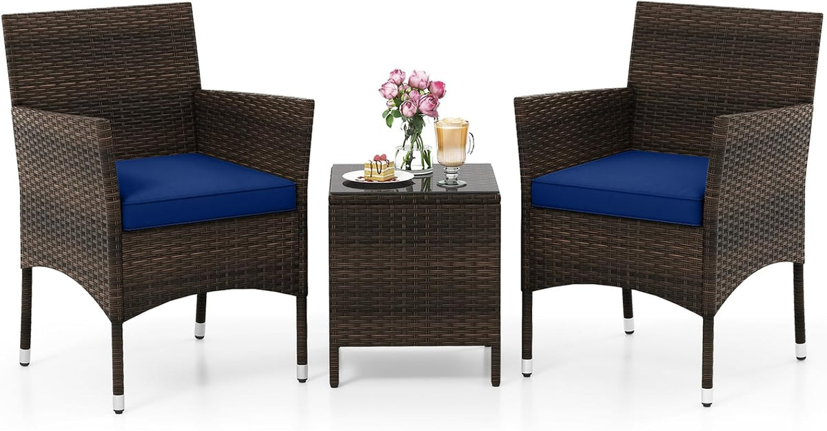 KOTEK 3 Piece Patio Furniture Set, Outdoor Wicker Patio Chairs with Soft Cushions & Tempered Glass Top Table, PE Rattan Bistro Set for Porch, Garden, Balcony (Navy)