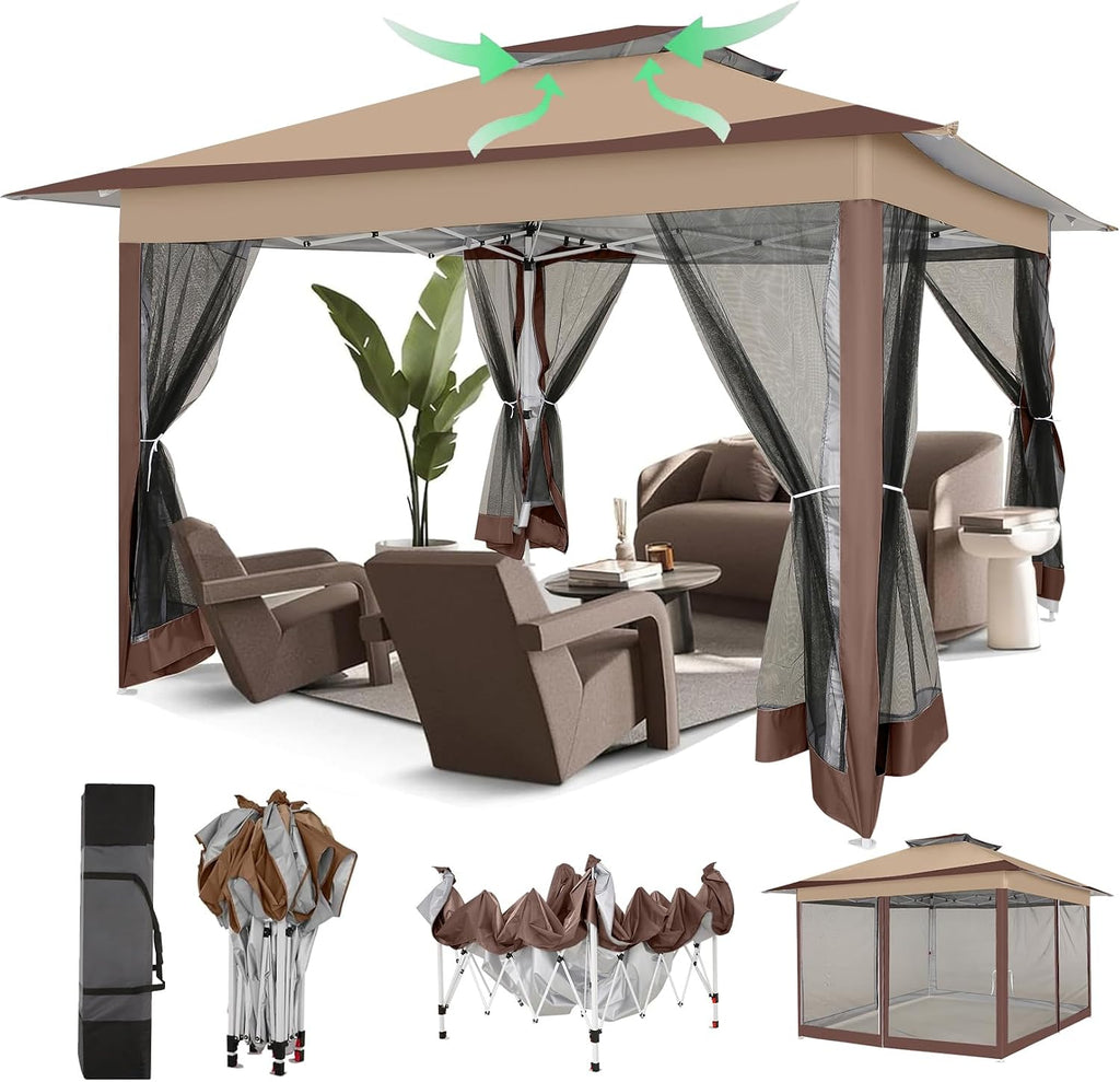 COBIZI 12x12 Pop Up Gazebos On Clearance - Upgrade Easy Up Metal Outdoor Gazebo Waterproof - Portable Gazebo with Mosquito Nettings, 4 Ropes 8 Stakes and Carry Bag for Patio Garden(Coffee)