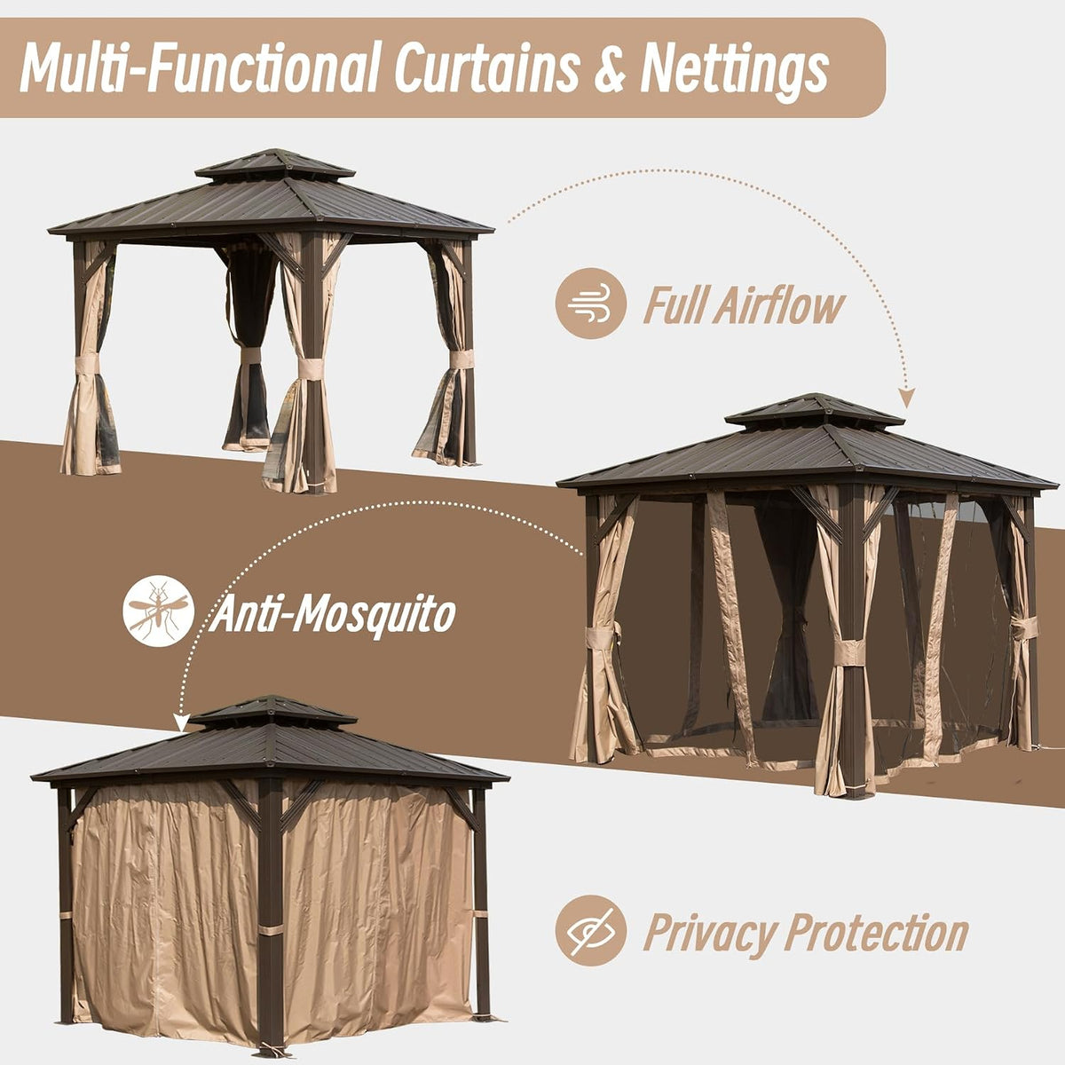 Domi 8' x 8' Hardtop Gazebo Permanent Metal Gazebo with Galvanized Steel Double Roof, Curtains and Netting for Party, Wedding, Outdoor Dining, Patio, Backyard, Brown