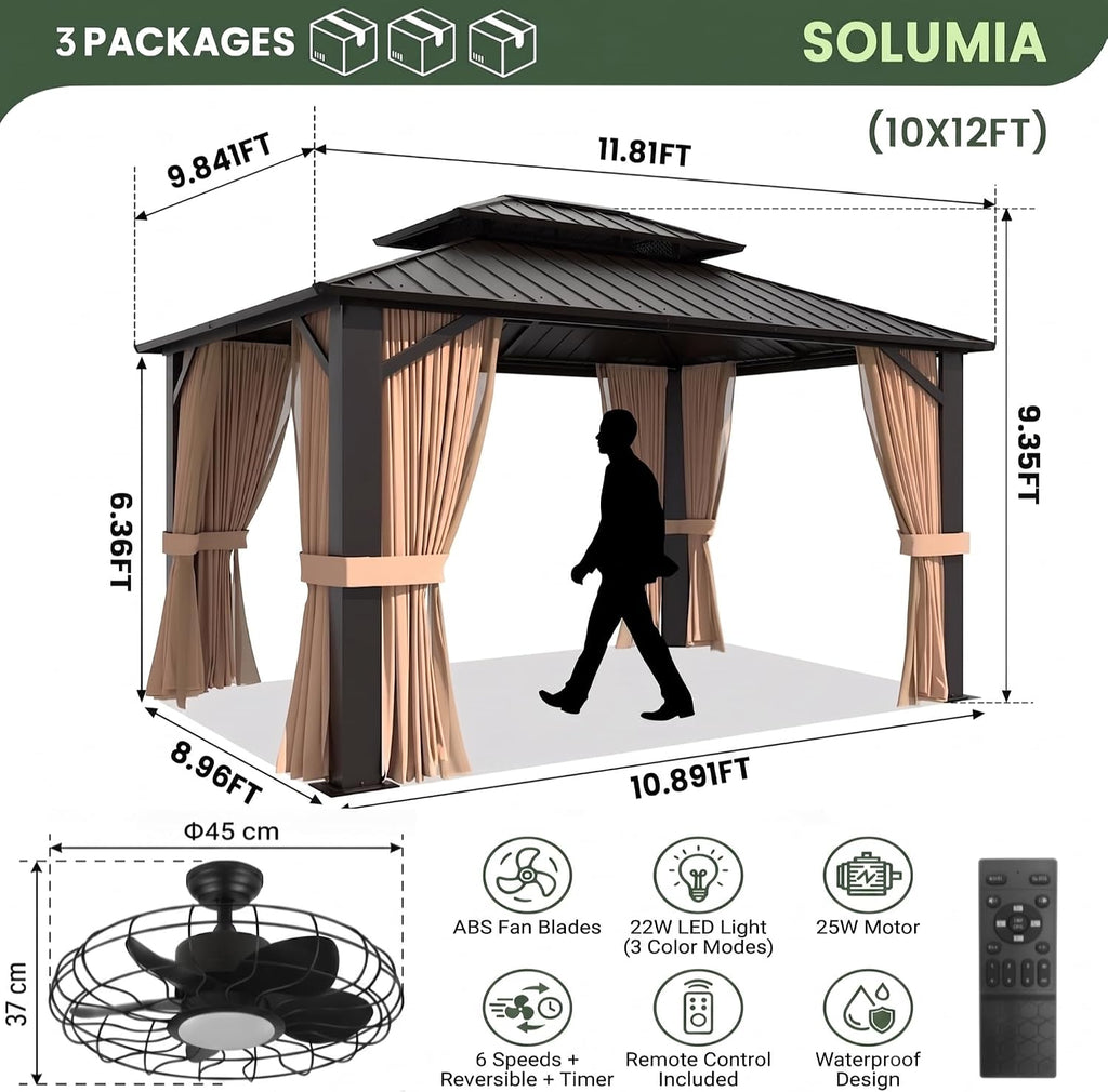 10'x12' Hardtop Gazebo with Fan, Galvanized Steel Double Roof Canopy with Aluminum Frame, Outdoor Pavilion with Nettings and Curtains