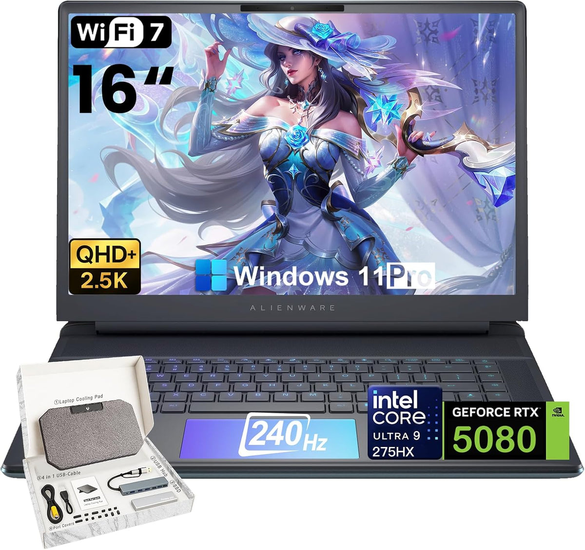 Alienware 16-inch Area-51 Gaming Laptop - GeForce RTX 5080 16GB GDDR7, 16' 2.5K QHD+ 240Hz, Intel Ultra 9 275HX, RGB Lighting, Wi-Fi 7, Ai NPU, Win 11 Pro, w/Accessories (32GB DDR5, 2TB SSD)