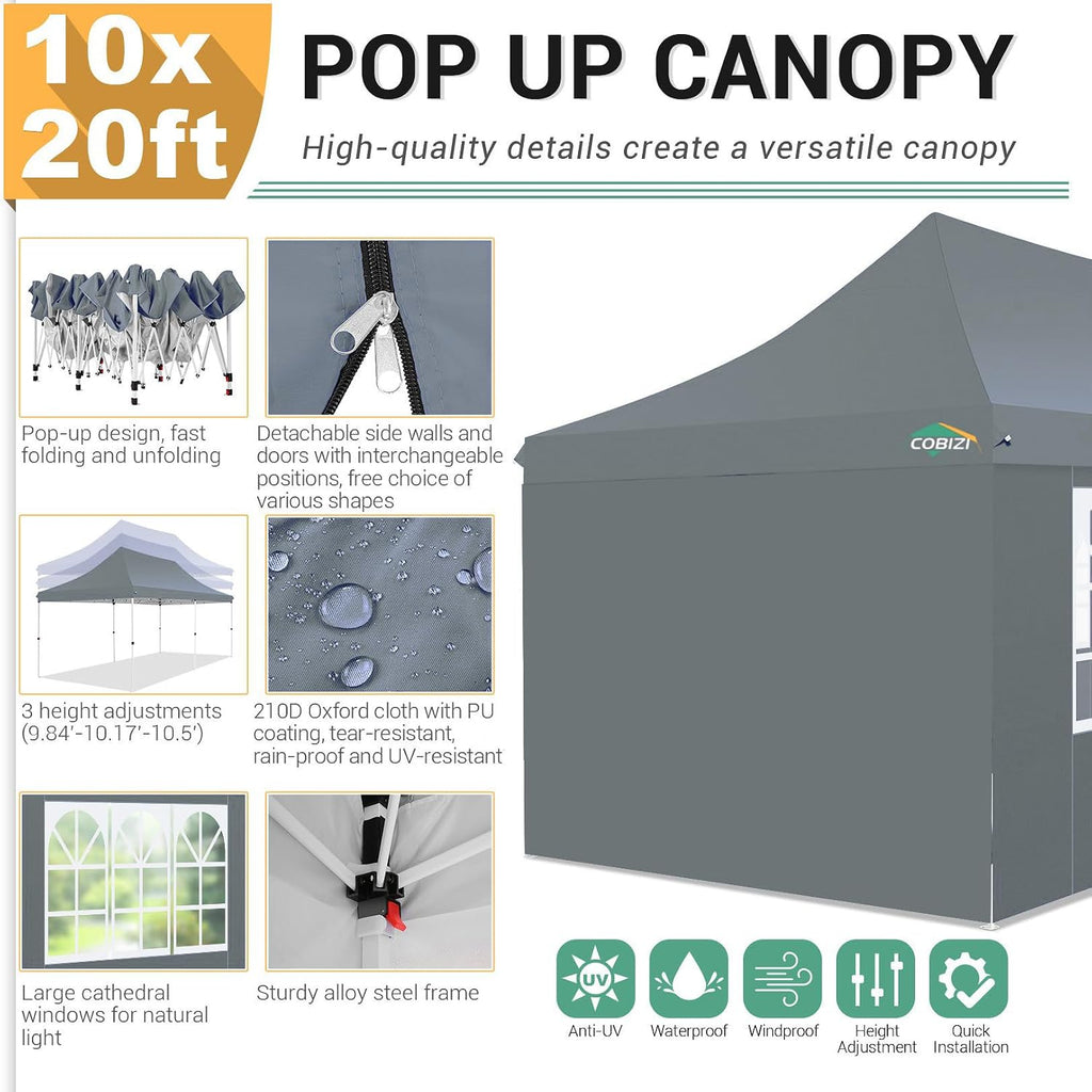 COBIZI 10x20 Pop Up Canopy with 4 Sidewalls, Conical Party Tent 10x20 with 3 Adjustable Height Waterproof, UV-Resistant EZ Outdoor Gazebo with Carry Bag, Sandbag, Stake, Rope for Parties, Commercial